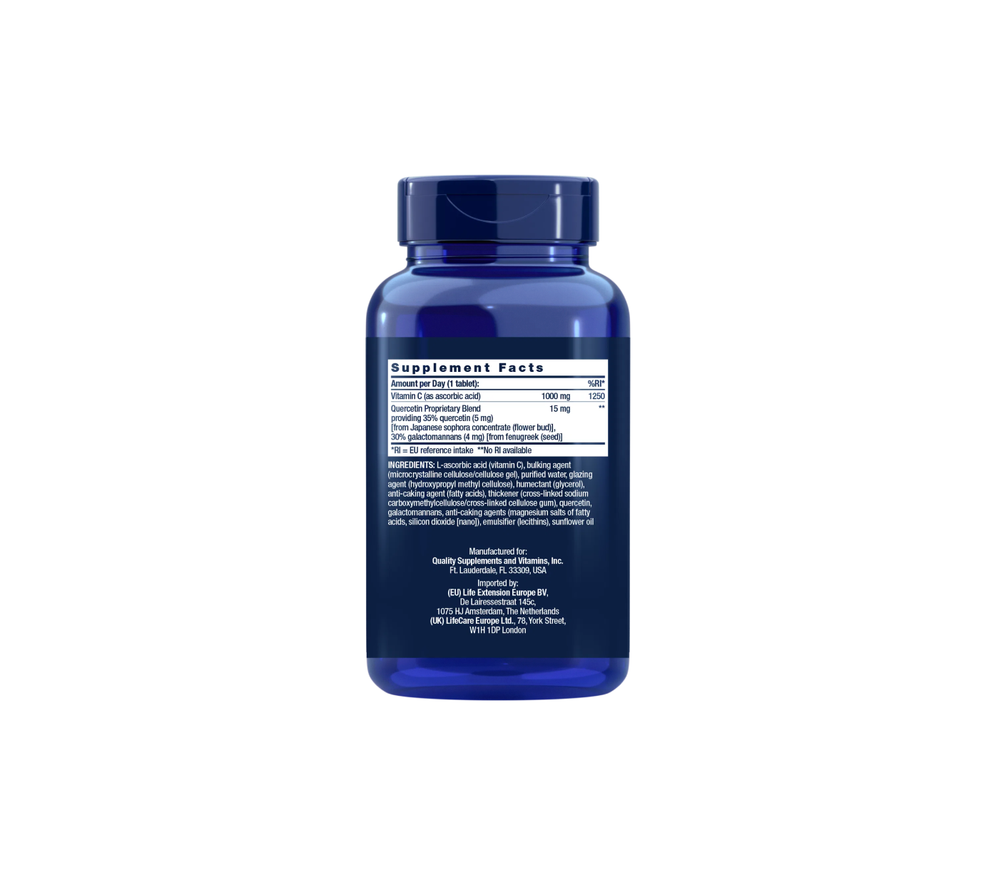Life Extension Vitamin C and Bio-Quercetin, 250 vegetarian tablets, immunity, collagen, iron support, supplement facts